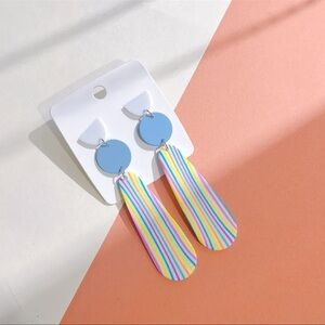 Boho Style Lightweight White Blue Soft Clay Statement Drop Earrings Stripes